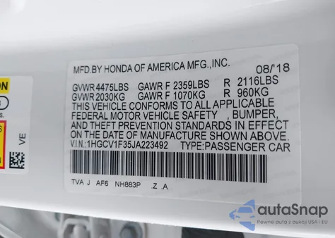 2018 Honda Accord Sport из США, поврежденный, VIN 1HGCV1F35JA223492